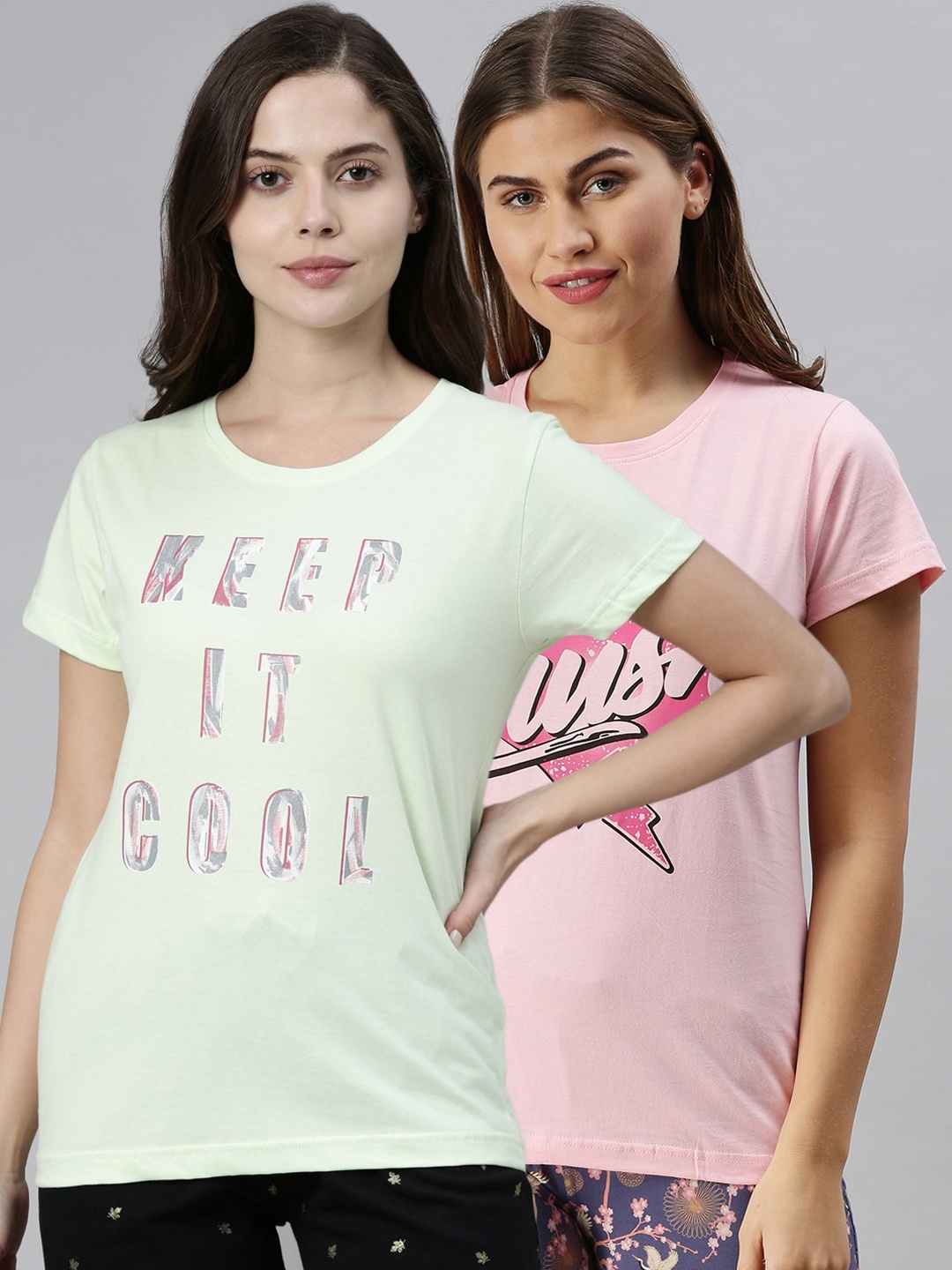 

Kryptic Women Pack Of 2 Typography Printed Pure Cotton Lounge T-Shirts, Pink