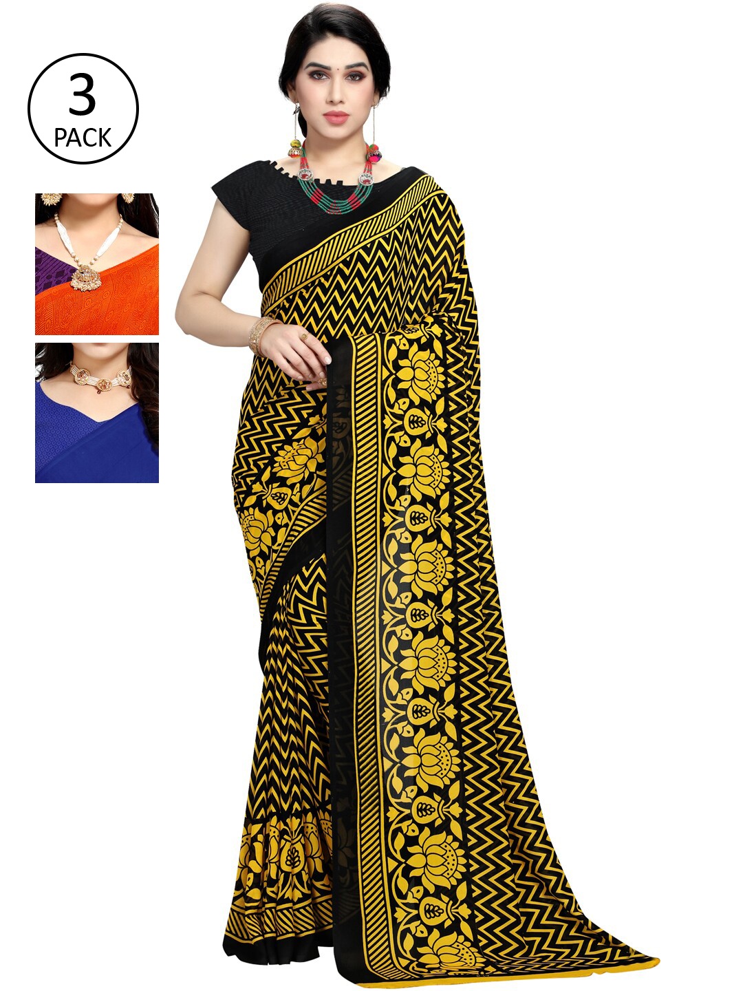 

KALINI Women Pack Of 3 Printed Saree, Blue