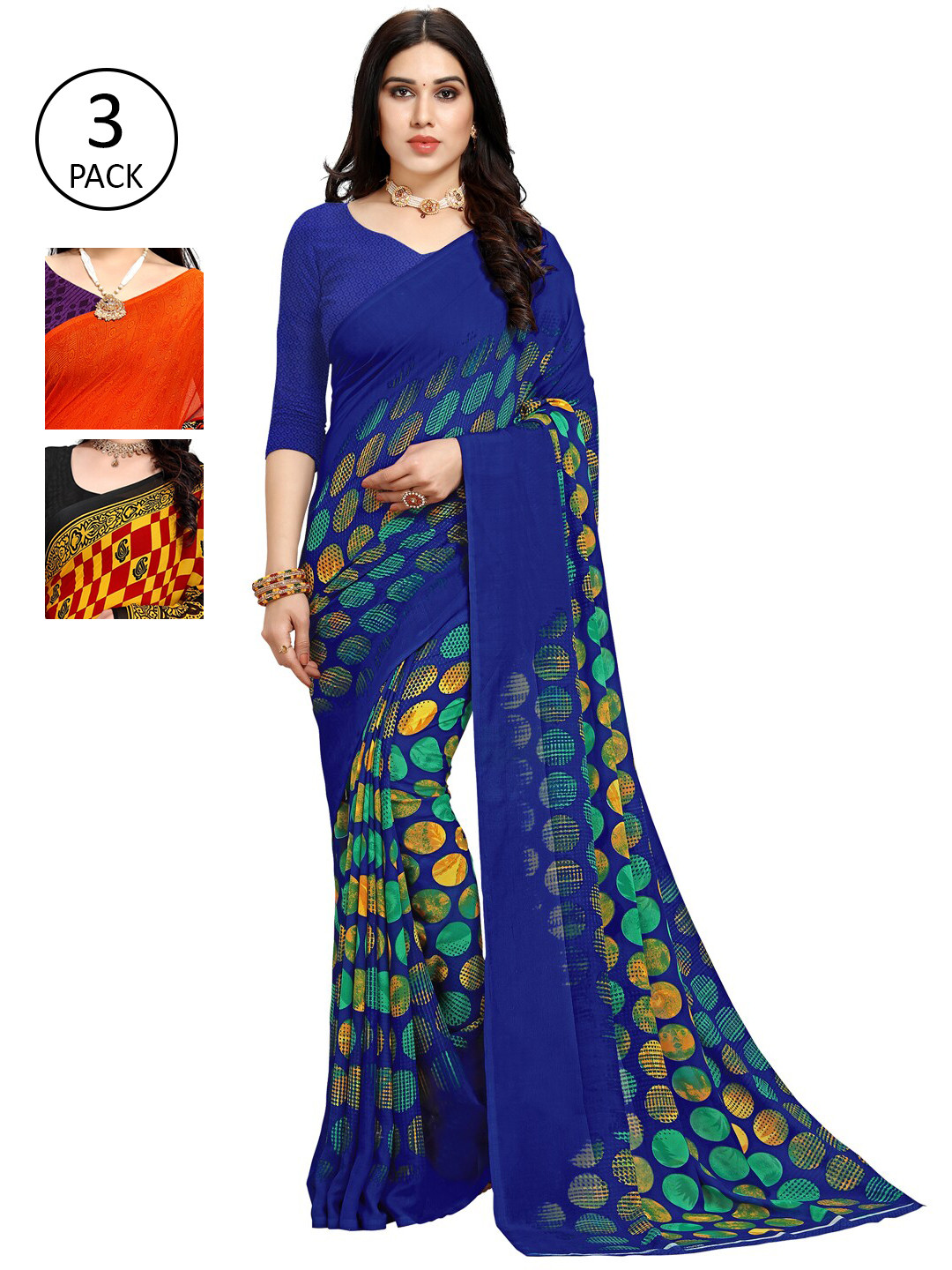 

KALINI Pack Of 3 Printed Sarees, Orange