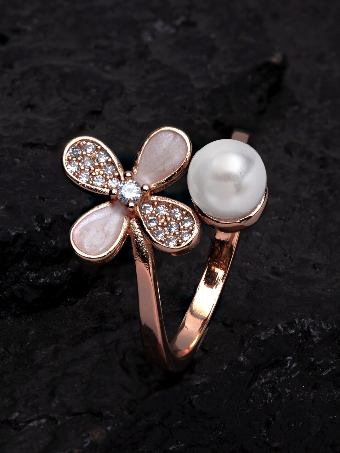 

Ferosh Women Rose Gold-Toned & White Stone-Studded & Beaded Adjustable Daisy Finger Ring