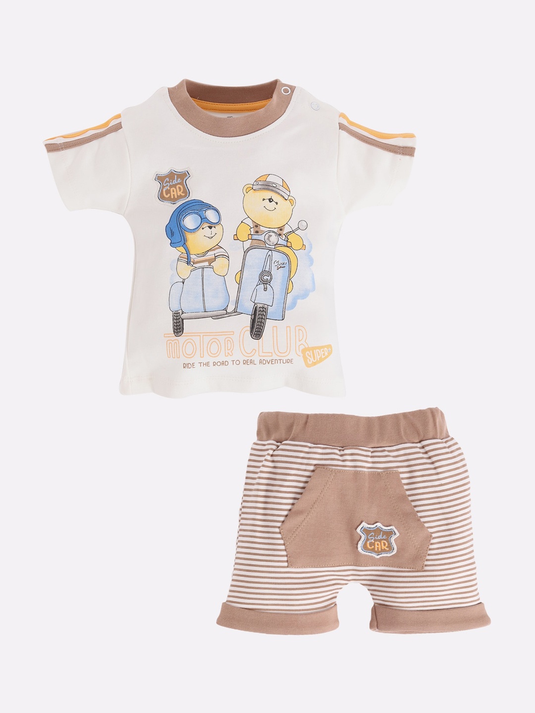 

BABY GO Infant Kids White & Brown Cotton Printed T-shirt with Shorts