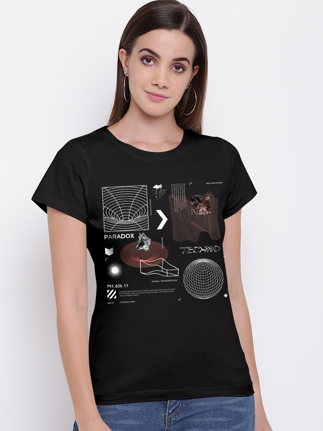 

THREADCURRY Women Black & White Printed T-shirt