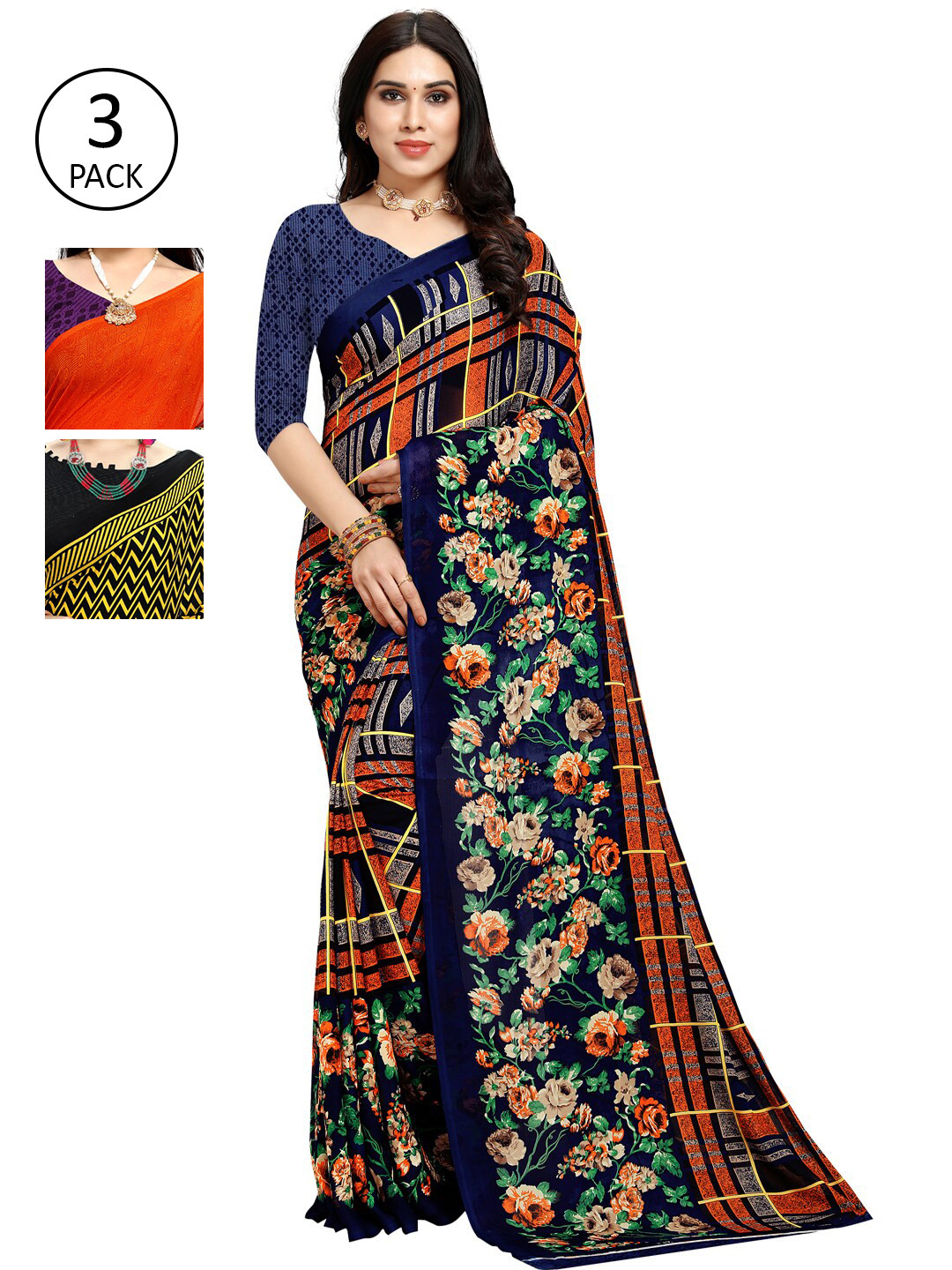 

KALINI Pack Of 3 Printed Saree, Orange