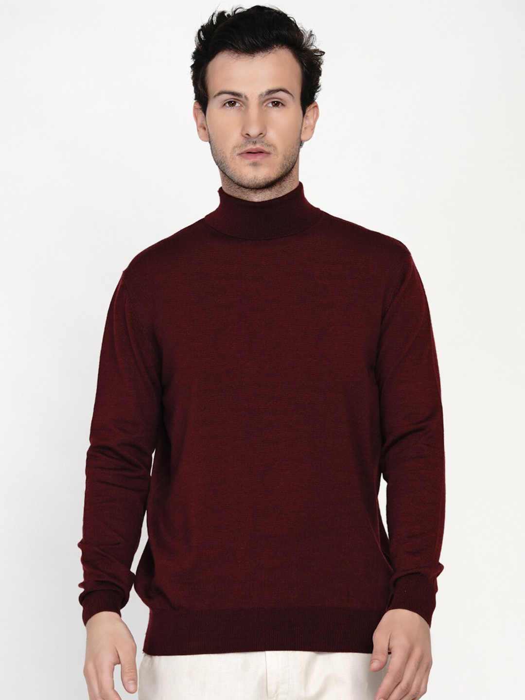 

ARMISTO Men Maroon Ribbed Pure Merino Woolen Turtle Neck Sweater