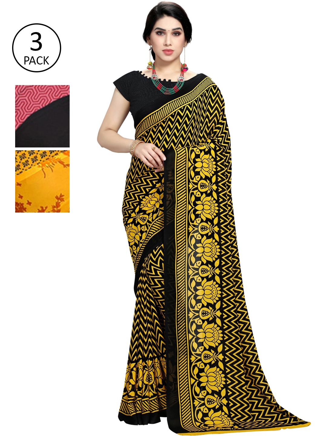 

KALINI Set of 3 Yellow & Pink Printed Sarees