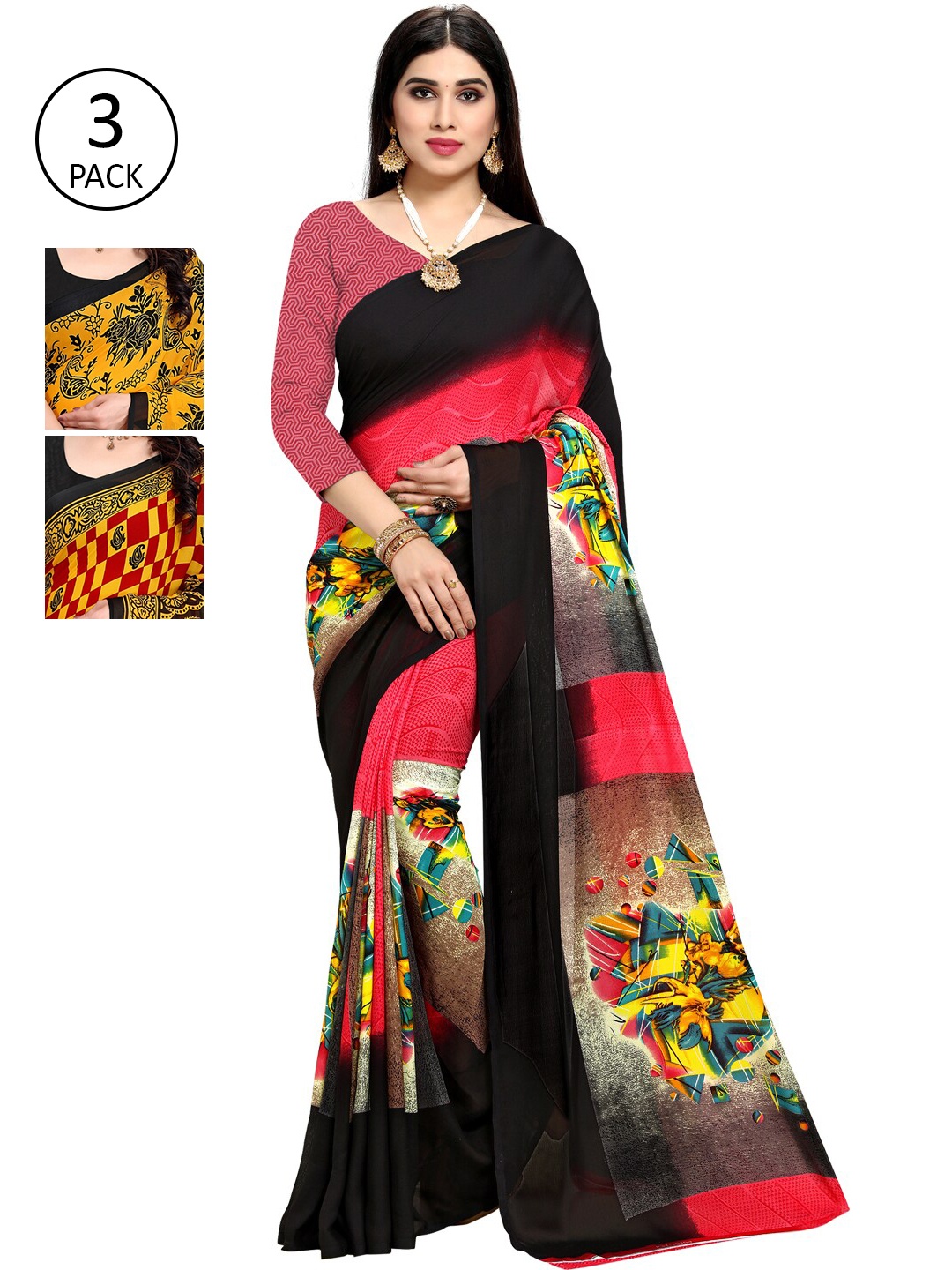 

KALINI Pack Of 3 Printed Sarees, Yellow