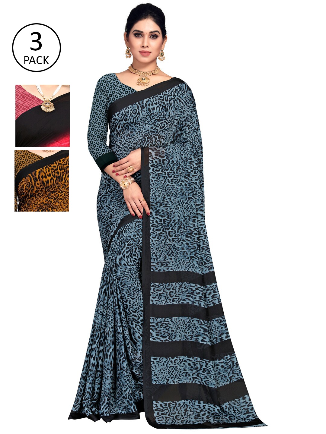 

ANAND SAREES Pack Of 3 Multicoloured Printed Sarees, Black