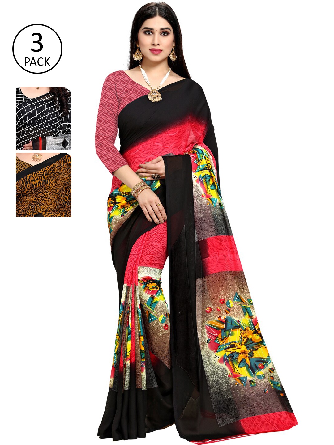 

ANAND SAREES Set of 3 Pink & Black Printed Sarees