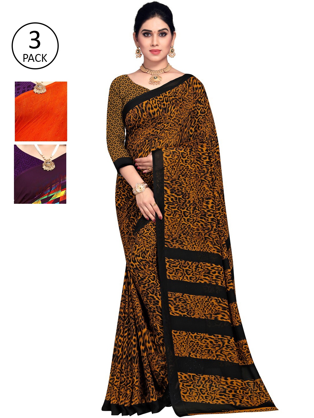 

KALINI Pack Of 3 Printed Sarees, Orange