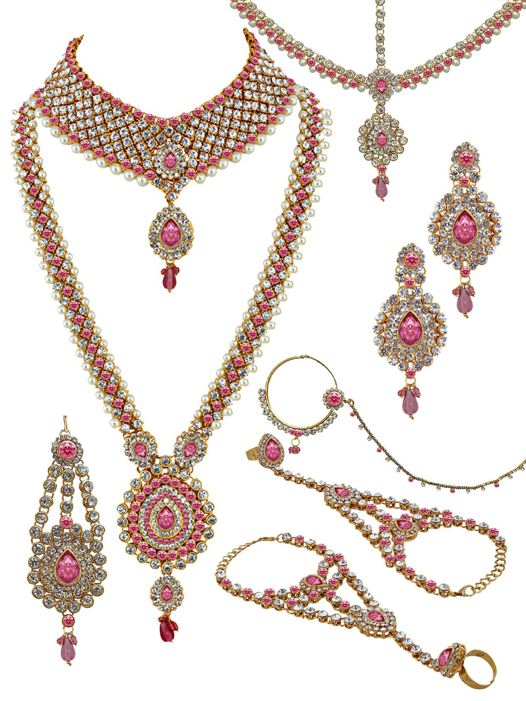 

LUCKY JEWELLERY 18K Gold-Plated Pink & White CZ-Studded & Beaded Bridal Jewellery Set