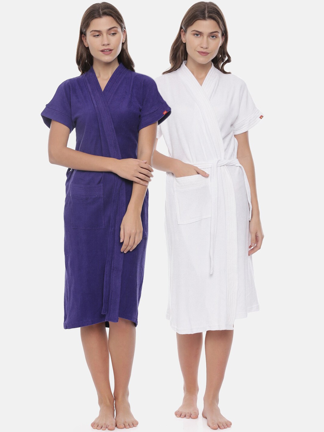 

GOLDSTROMS Women Pack Of 2 Purple & White Solid Cotton Bath Robes