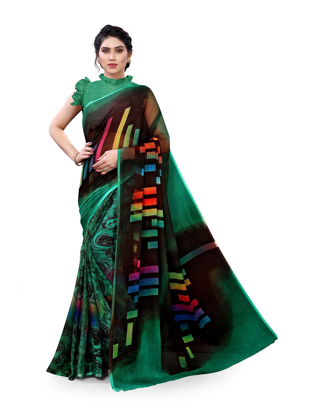 

KALINI Green & Black Abstract Printed Designer Saree