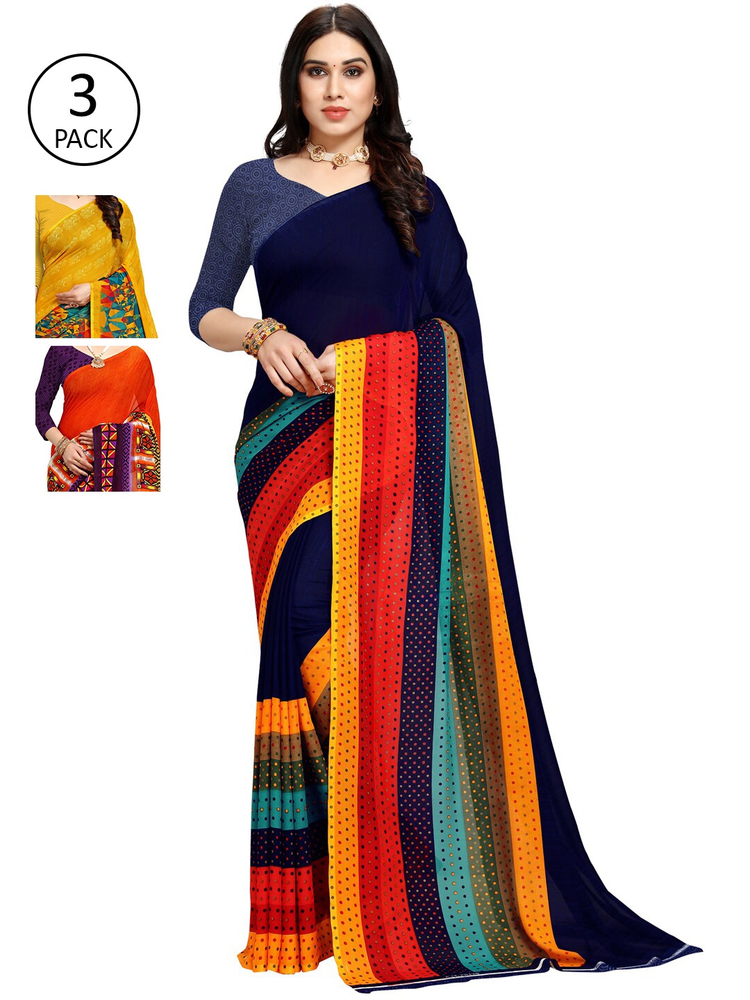 

KALINI Pack Of 3 Multicoloured Printed Sarees, Orange
