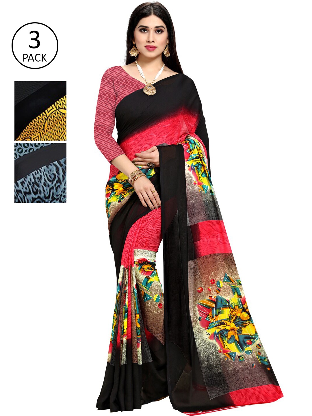 

KALINI Pack Of 3 Multicoloured Printed Sarees, Yellow