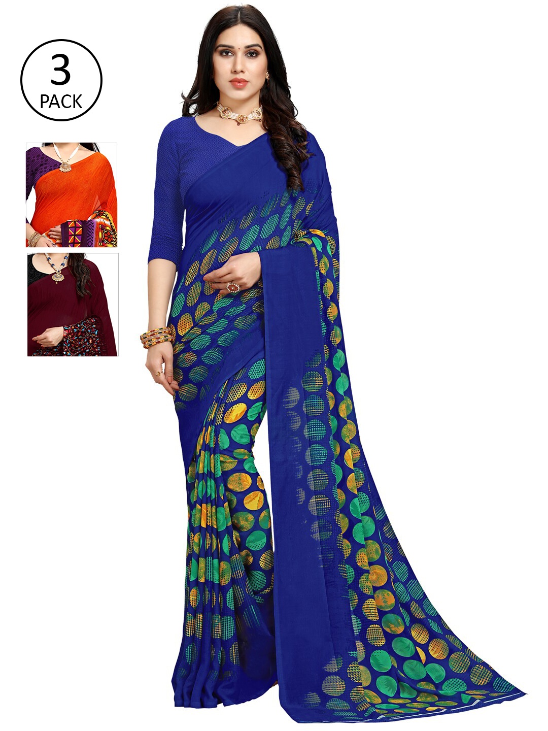 

KALINI Pack Of 3 Printed Saree, Orange