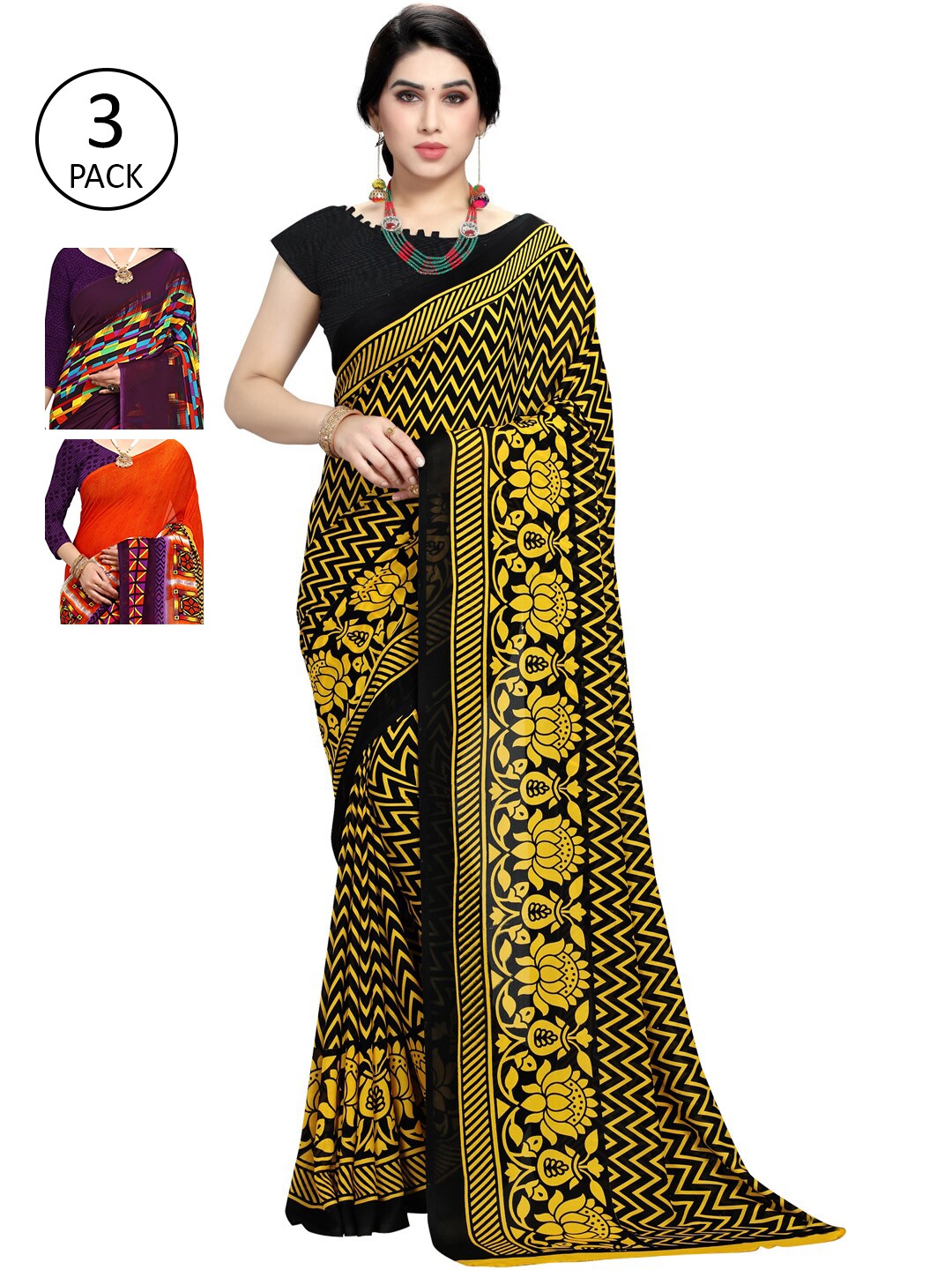 

KALINI Pack Of 3 Multicoloured Printed Sarees, Orange