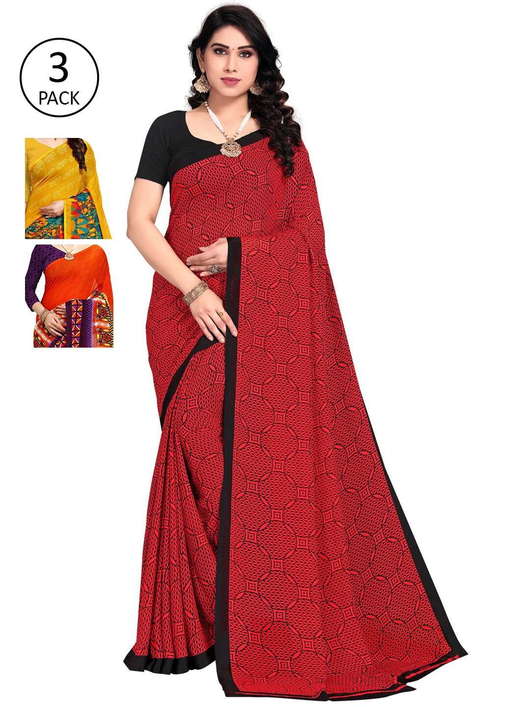 

KALINI Pack Of 3 Printed Saree, Orange