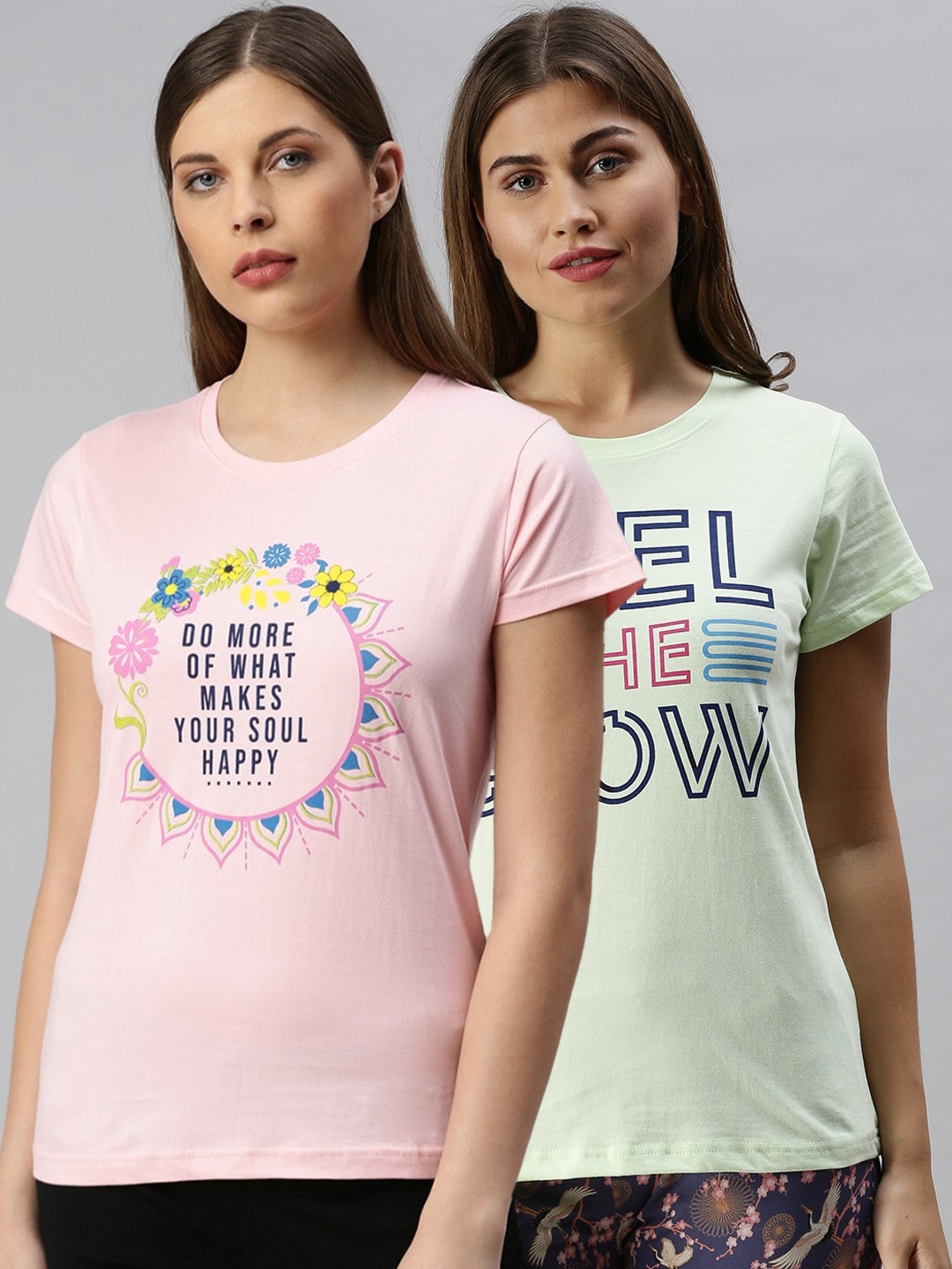

Kryptic Women Pack of 2 Printed Pure Cotton Lounge T-Shirts, Pink