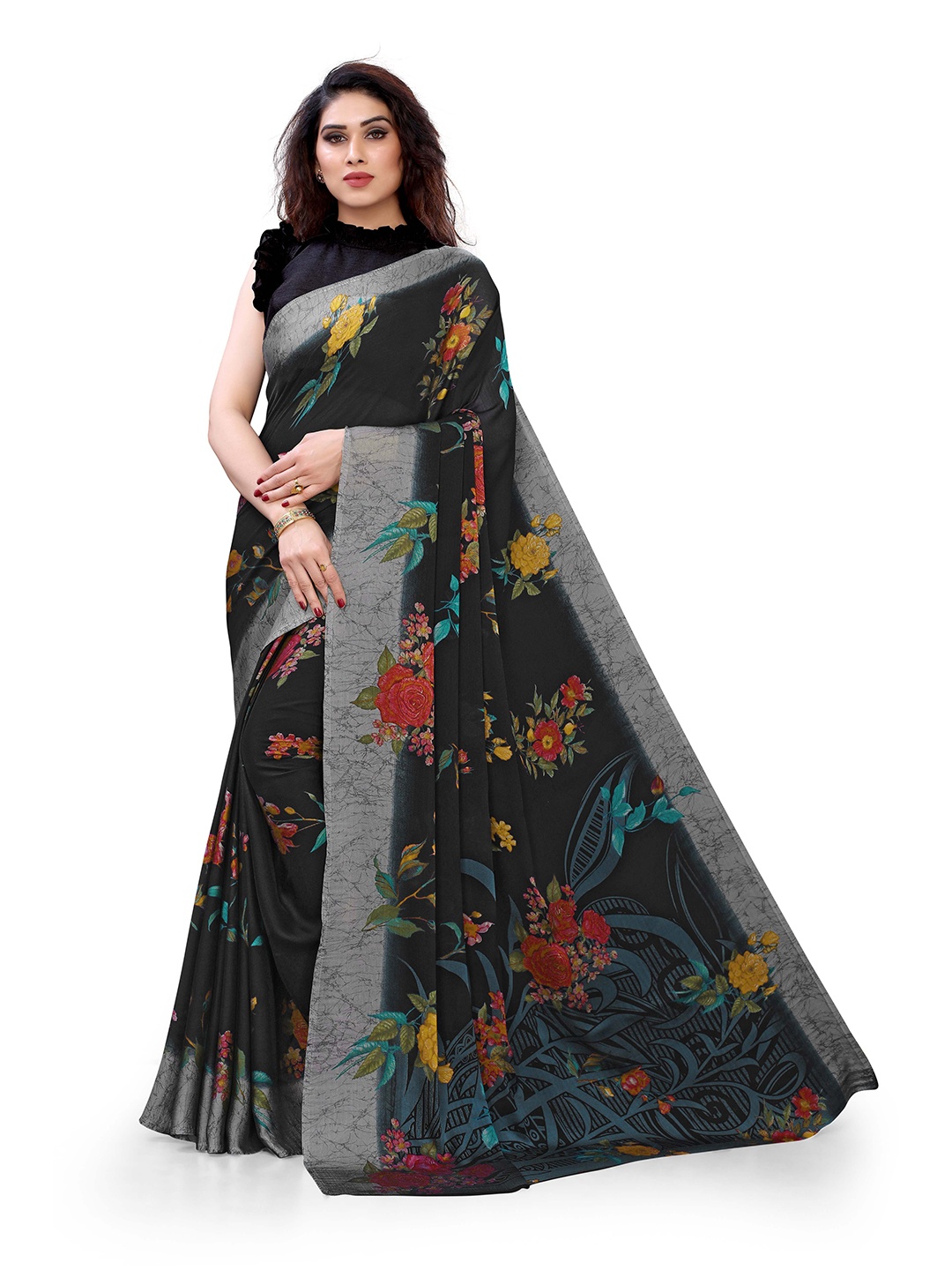 

KALINI Black & Blue Floral Bagh Saree