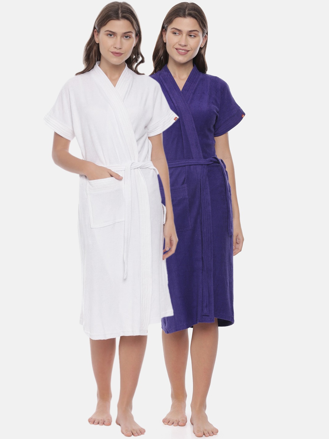 

GOLDSTROMS Women Pack Of 2 White & Blue Solid Cotton Bath Robes