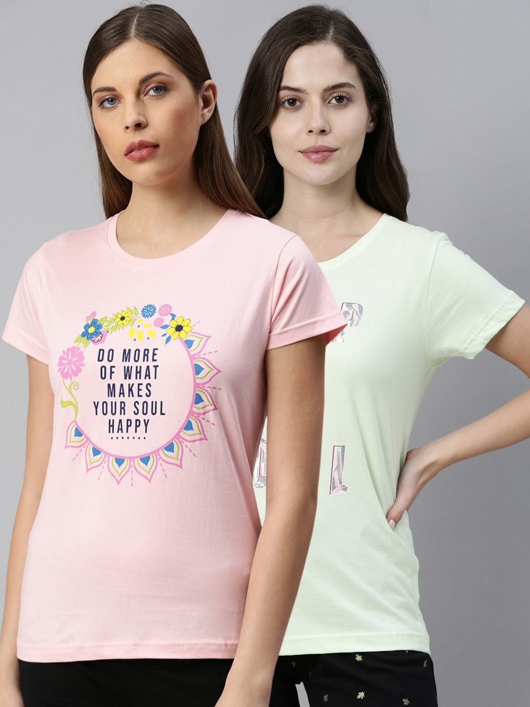 

Kryptic Women Pack Of 2 Typography Printed Pure Cotton Lounge T-Shirts, Pink