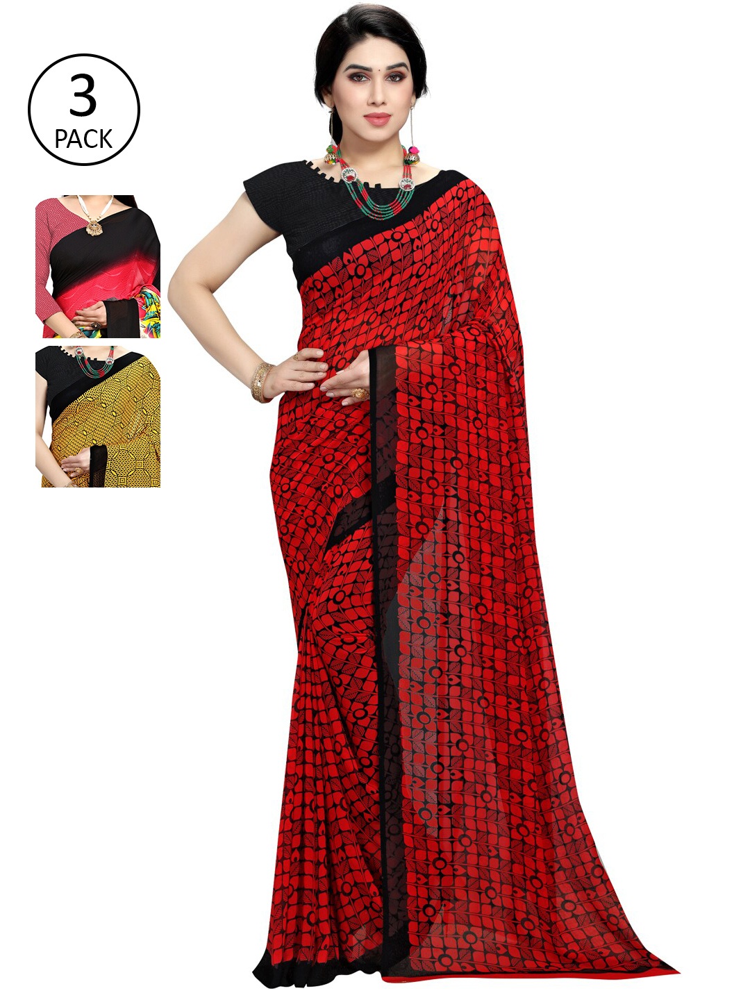 

KALINI Pack Of 3 Printed Saree, Red