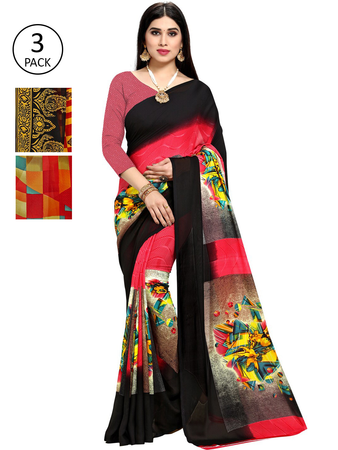 

KALINI Set of 3 Pink & Red Printed Sarees