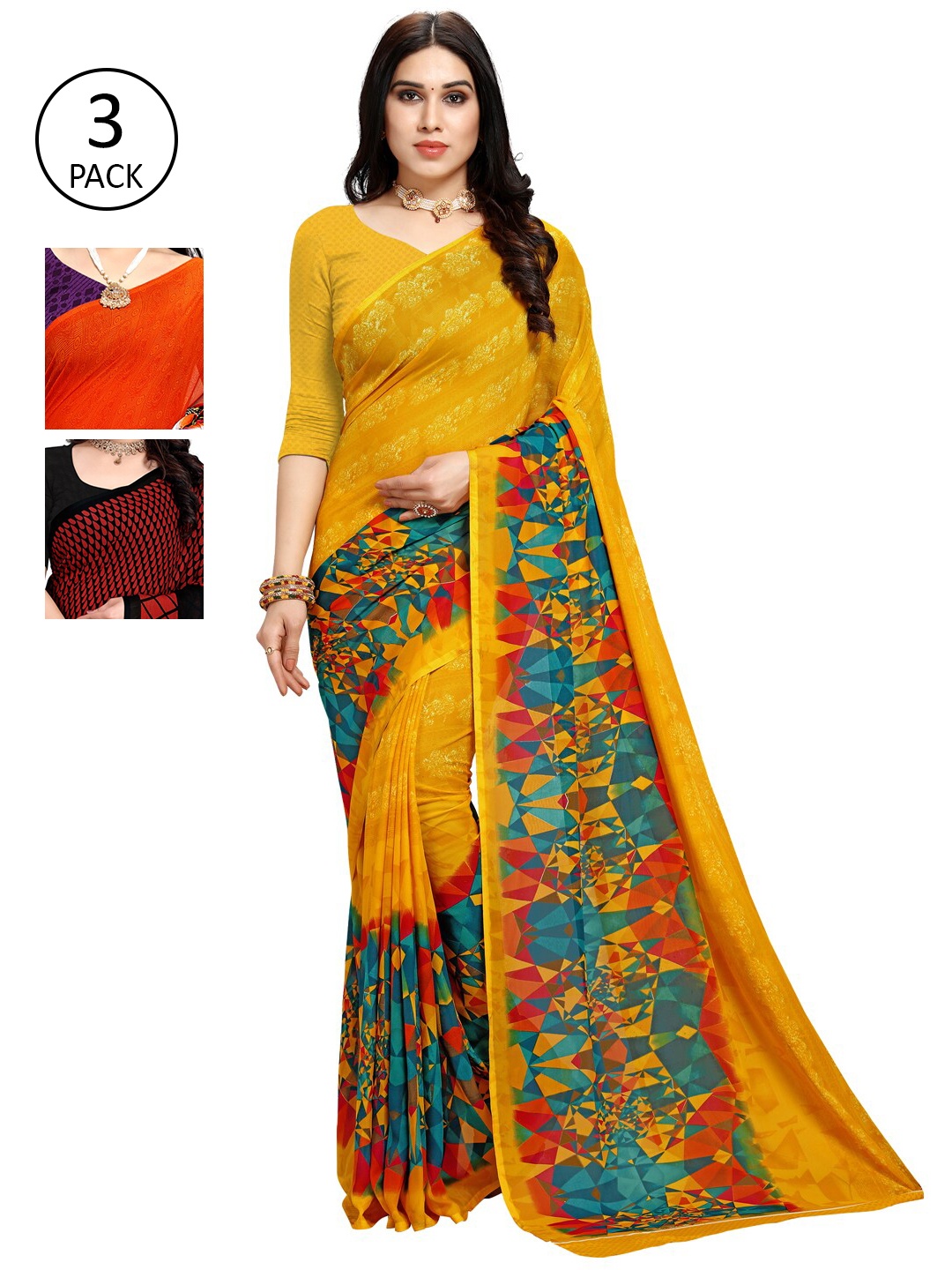 

KALINI Pack Of 3 Printed Saree, Orange