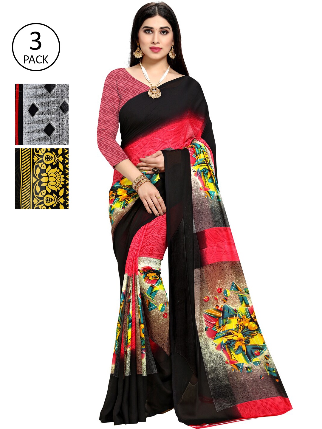 

ANAND SAREES Pack Of 3 Multicoloured Printed Sarees, Black