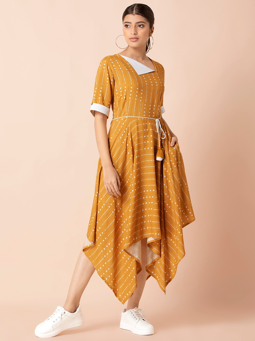 

INDYA Mustard Geo Handkerchief Hem Midi Dress