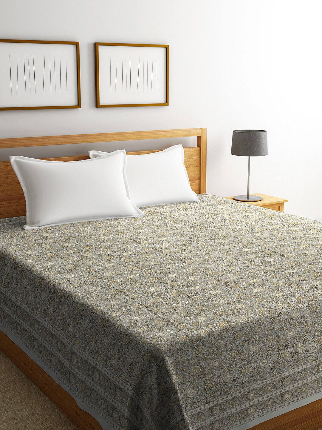 

Fabindia Grey & Yellow Printed 116 TC Double Bed Cover