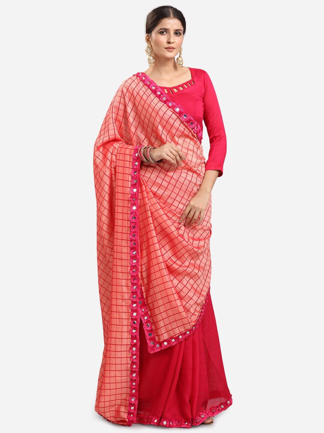

KALINI Women Pink & Orange Mysore Silk Checked Mirror Lace Work Half and Half Saree