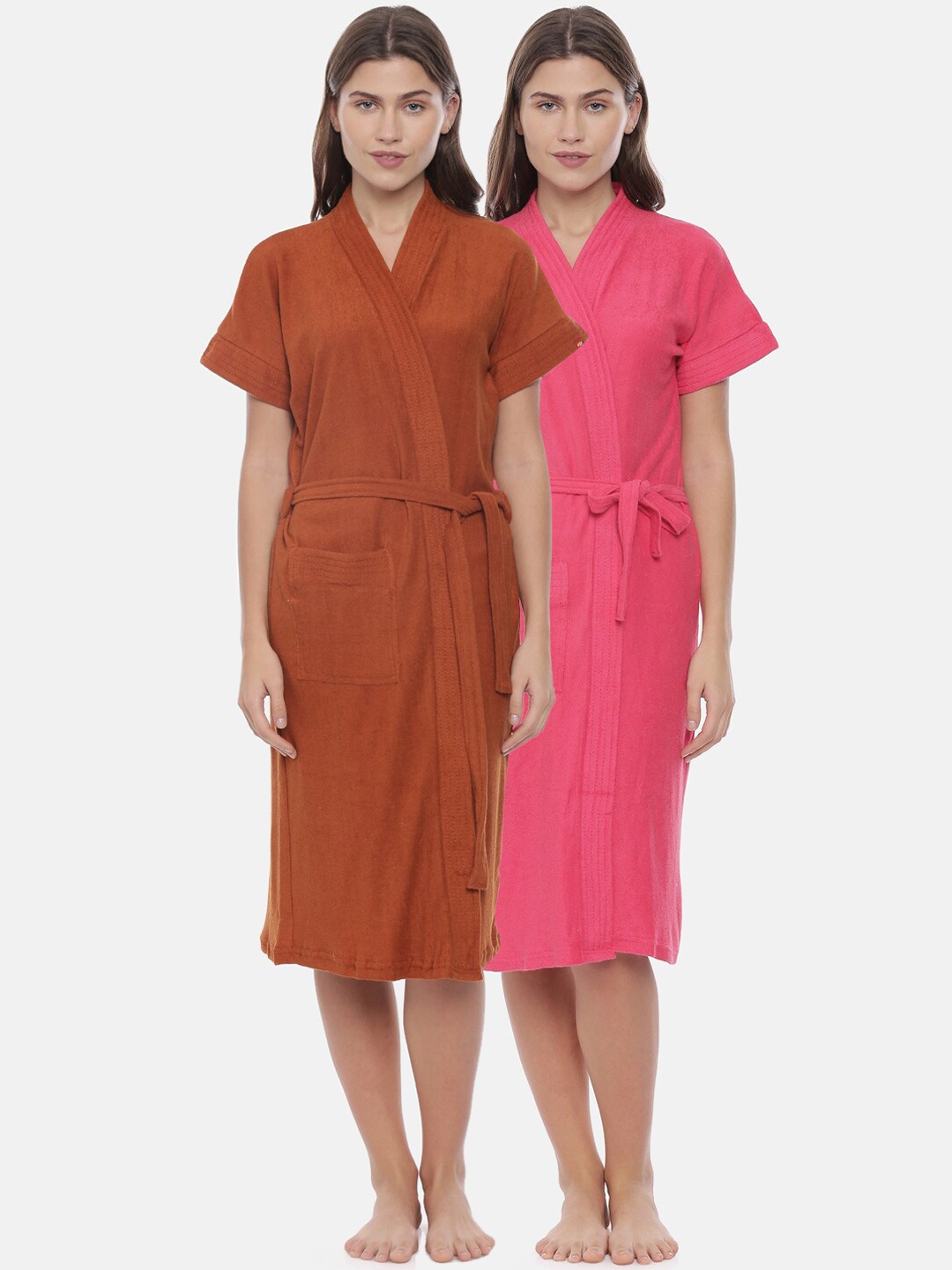 

GOLDSTROMS Women Pack Of 2 Fuchsia Pink & Brown Solid Cotton Bath Robes