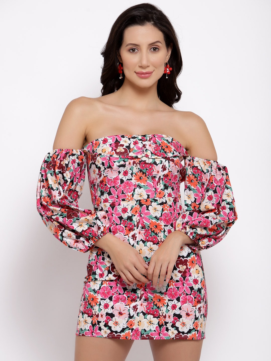 iki chic Multicoloured Floral Off-Shoulder Bodycon Mini Dress, Multi