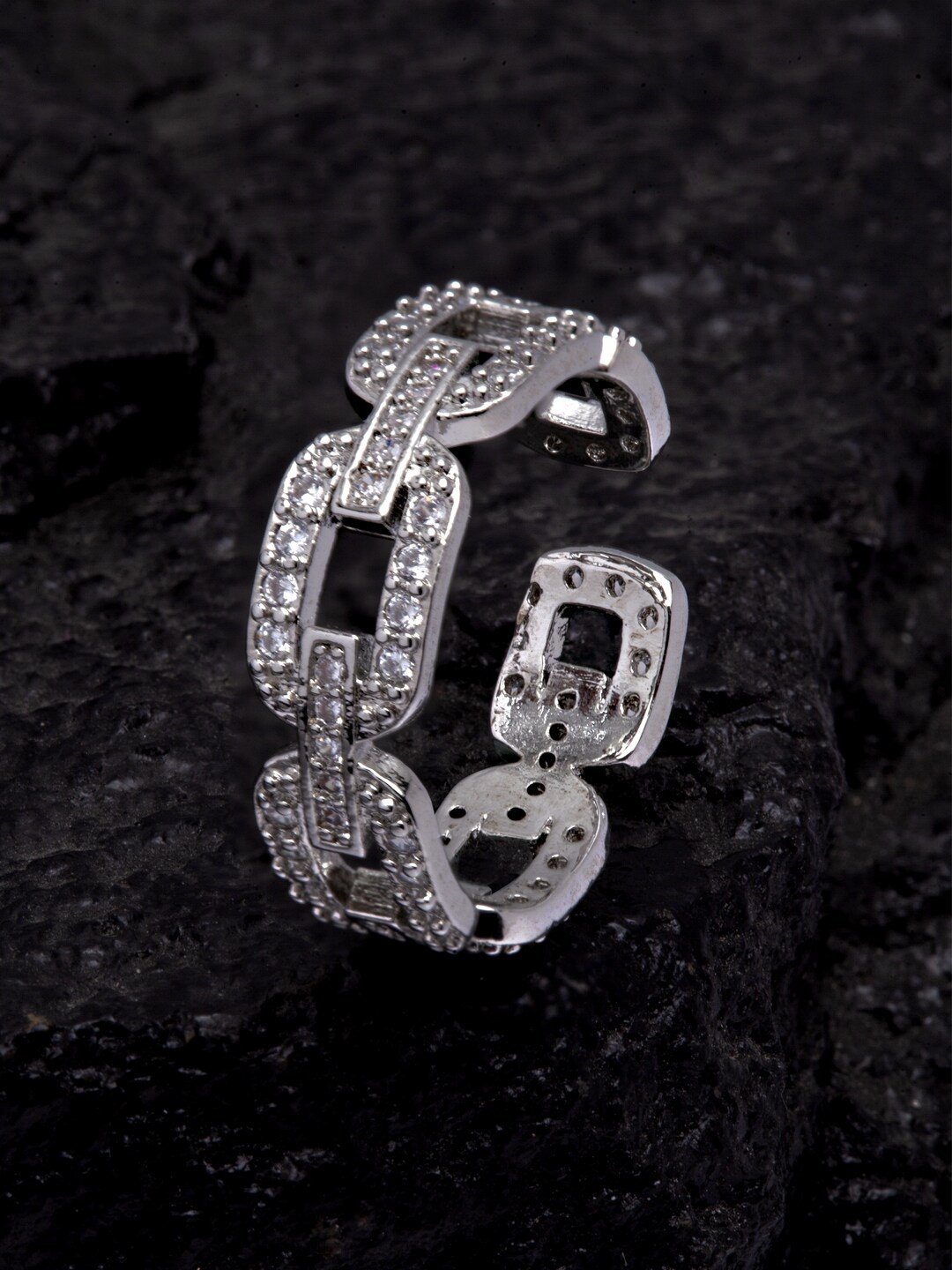 

Ferosh Silver-Toned & White Stone-Studded Connected Adjustable Finger Ring
