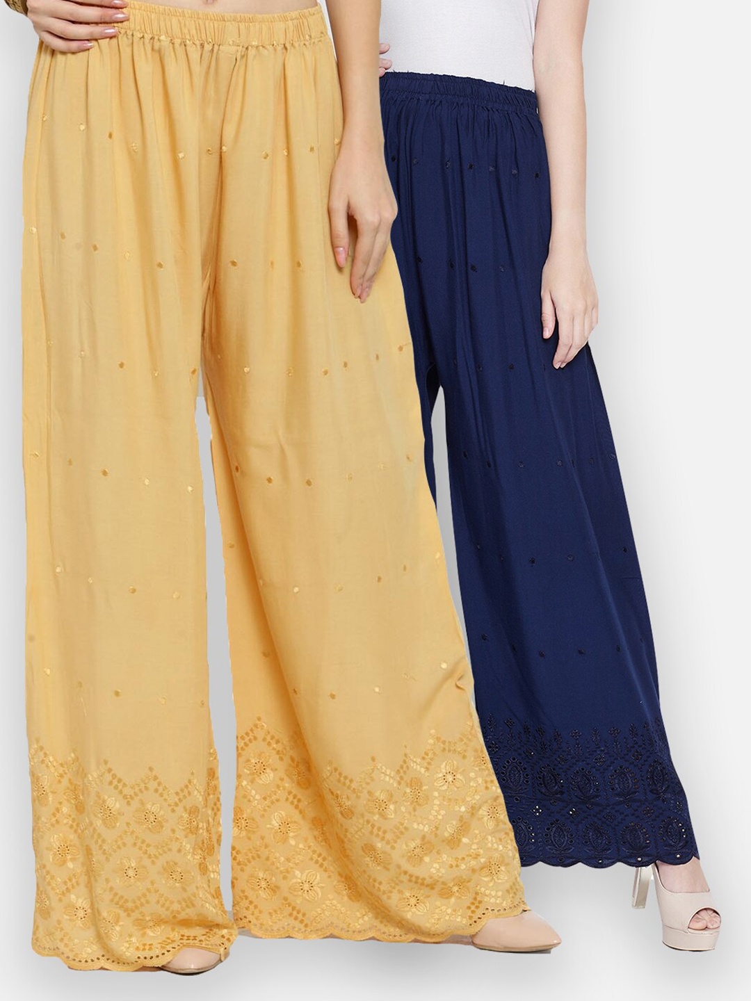 

Castle Women Navy Blue & Beige Pack of 2 Floral Hem Design Palazzos