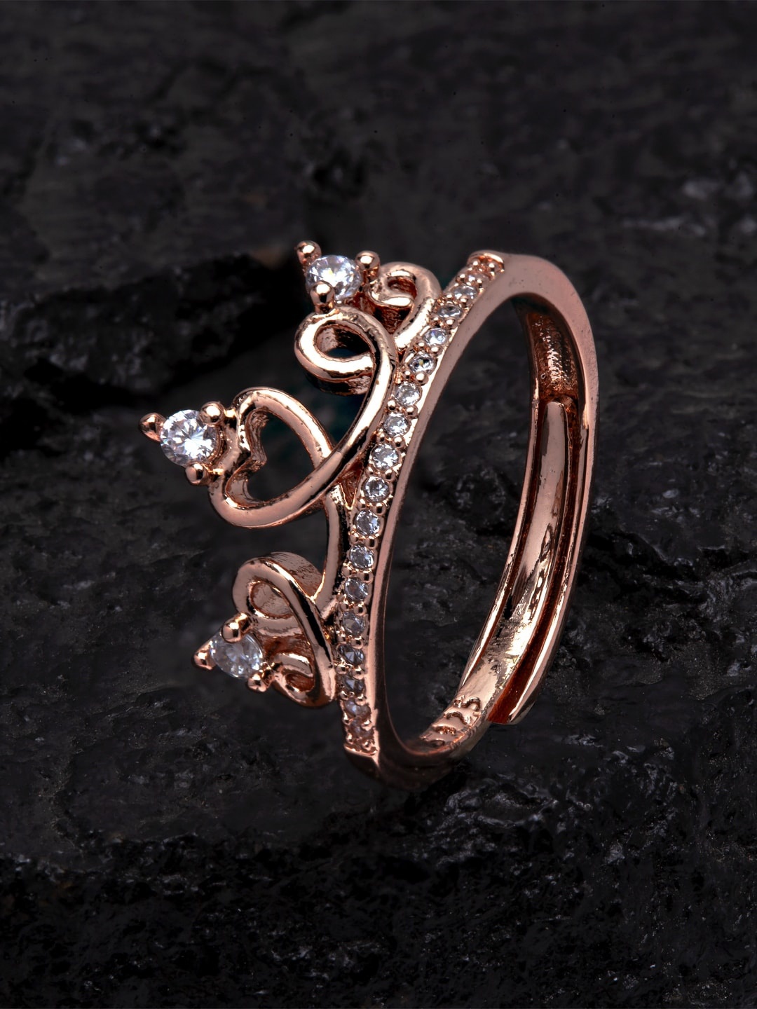 

Ferosh Women Rose Gold-Toned & White Stone-Studded Crown Finger Ring