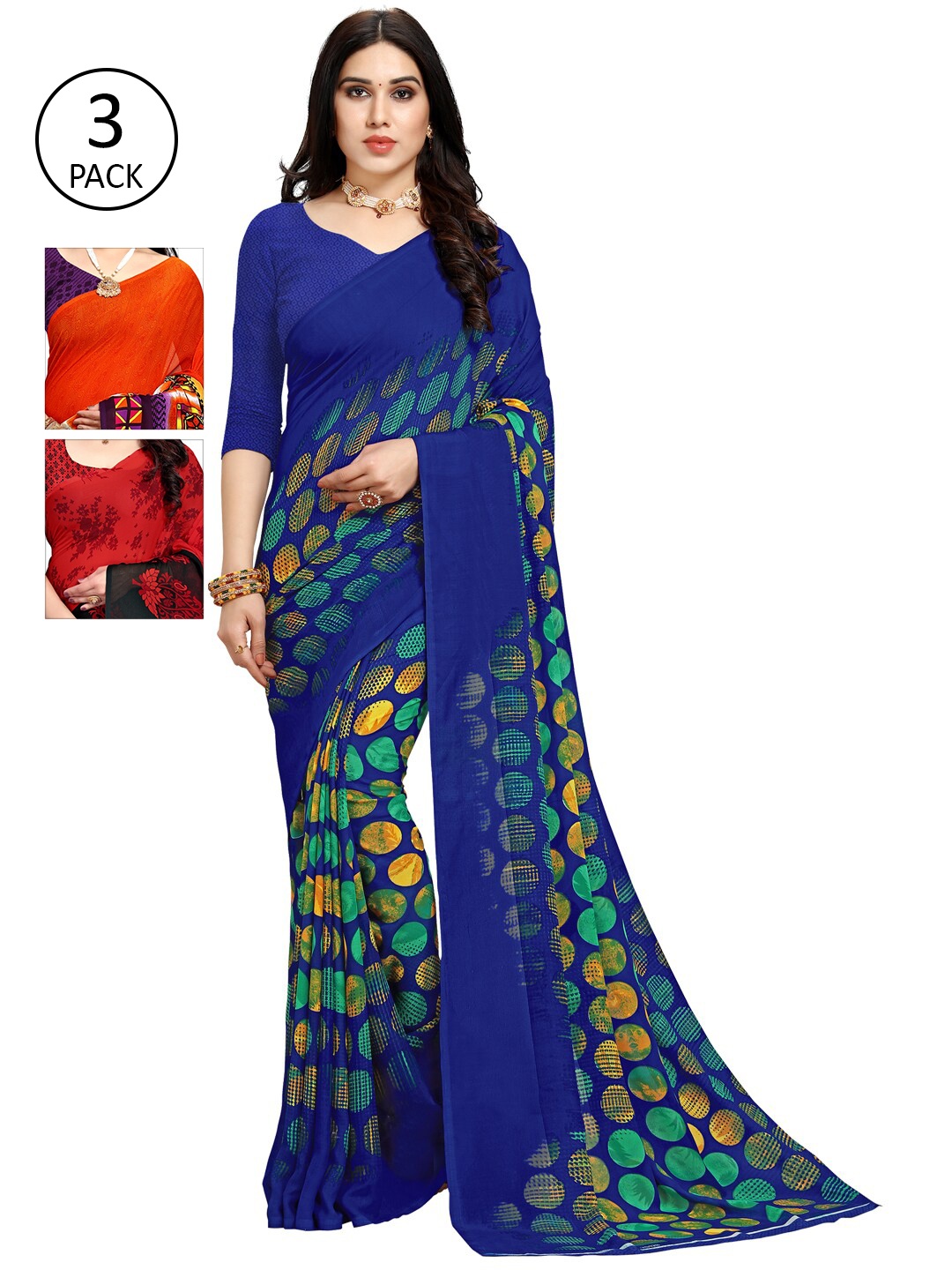 

KALINI Pack Of 3 Printed Saree, Blue