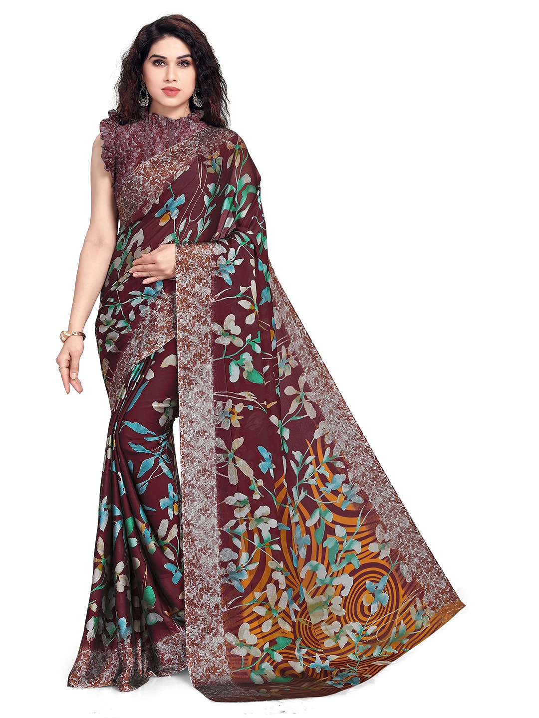 KALINI Maroon & Blue Floral Printed Bagh Saree
