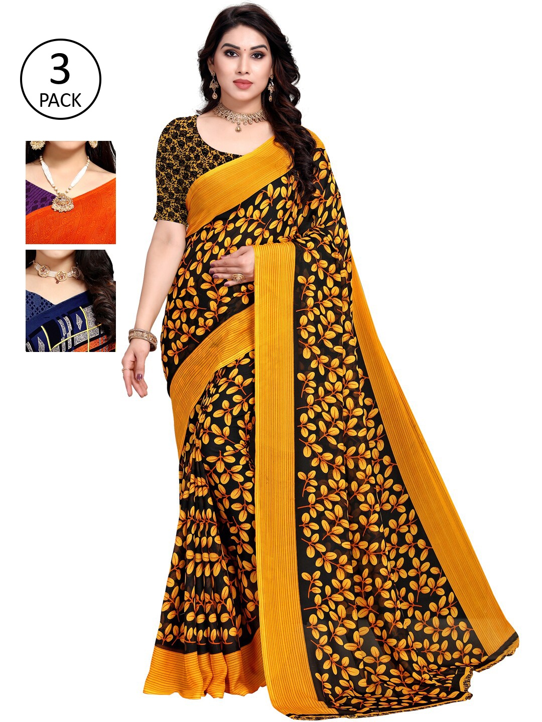 

KALINI Pack Of 3 Printed Saree, Yellow