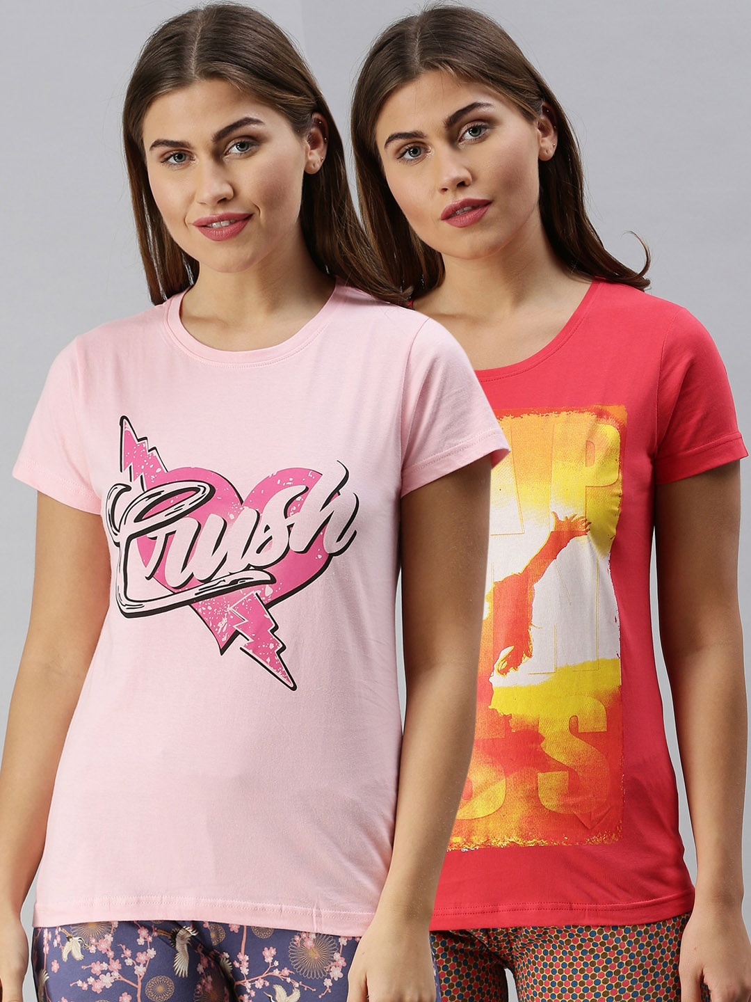 

Kryptic Women Pack Of 2 Printed Pure Cotton Lounge T-Shirts, Fuchsia
