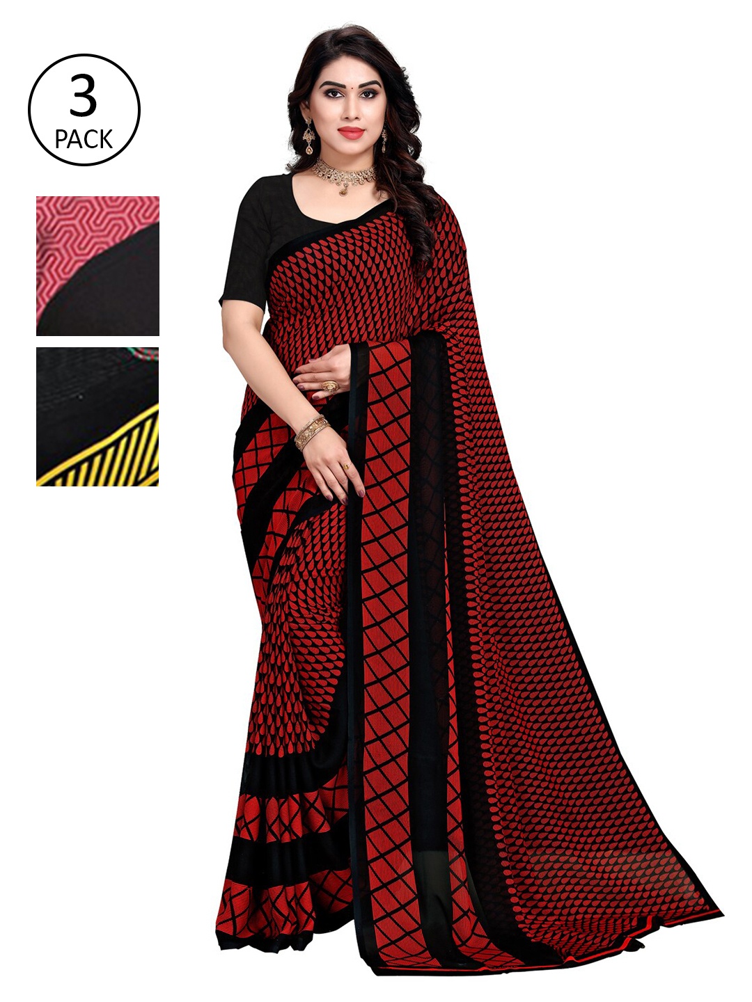 

ANAND SAREES Pack Of 3 Printed Saree, Black