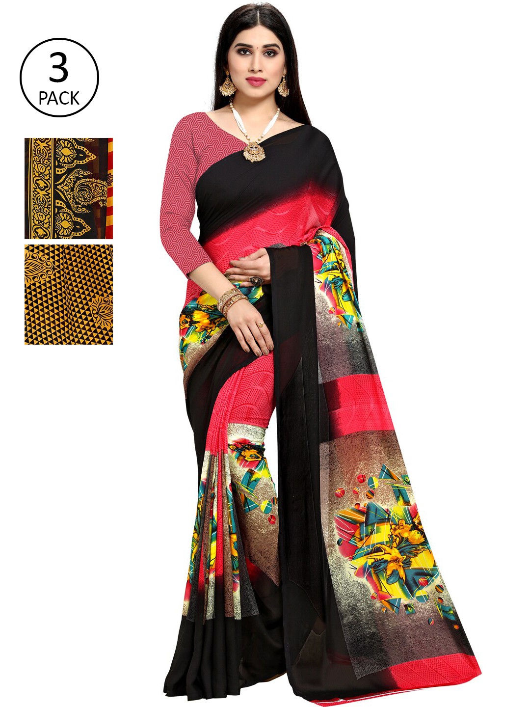 

KALINI Pack Of 3 Printed Sarees, Yellow