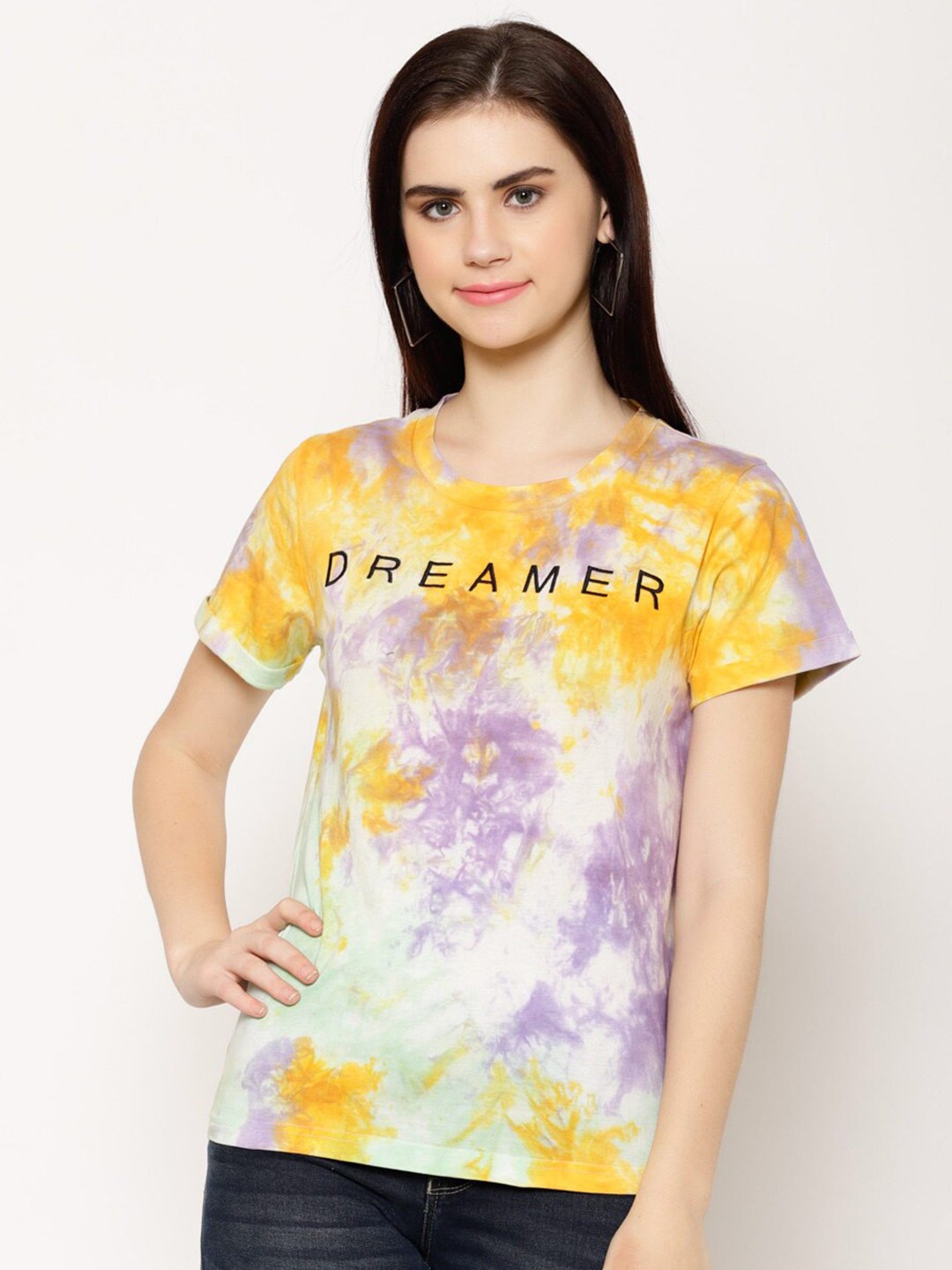 

HOUSE OF KKARMA Women Mustard Yellow & Lavender Tie & Dye Dreamer T-shirt