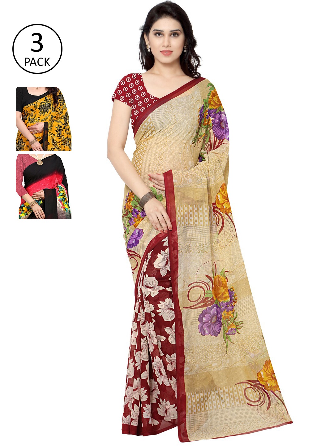 

KALINI Pack Of 3 Multicoloured Printed Sarees, Yellow