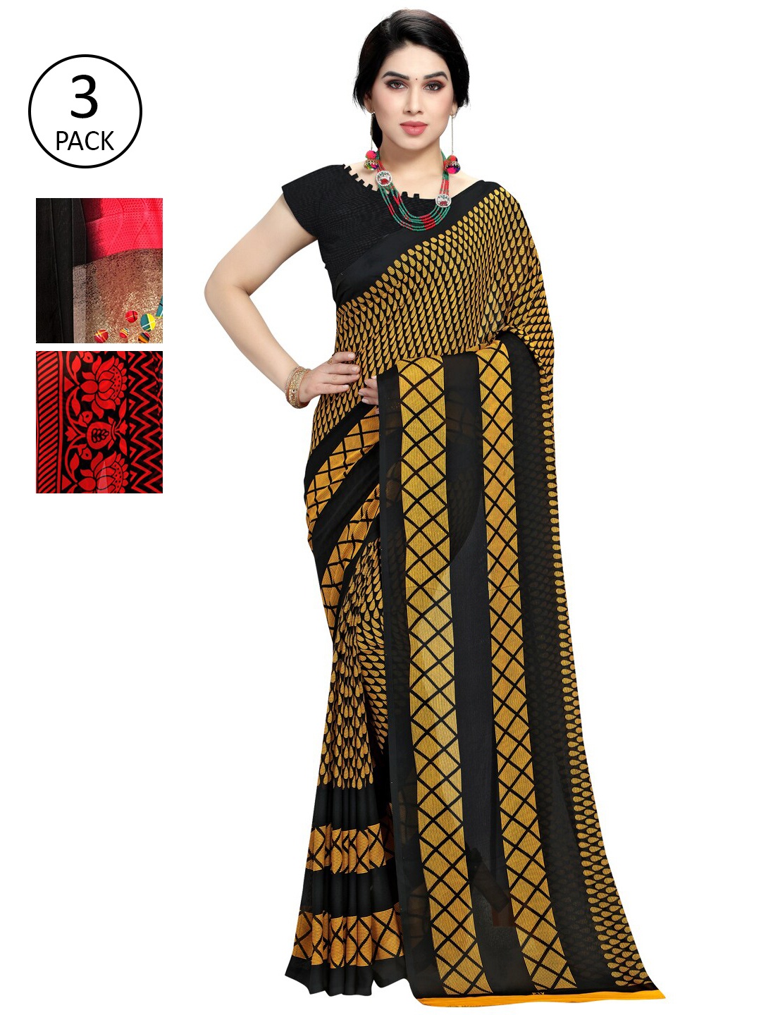 

KALINI Pack Of 3 Printed Sarees, Red