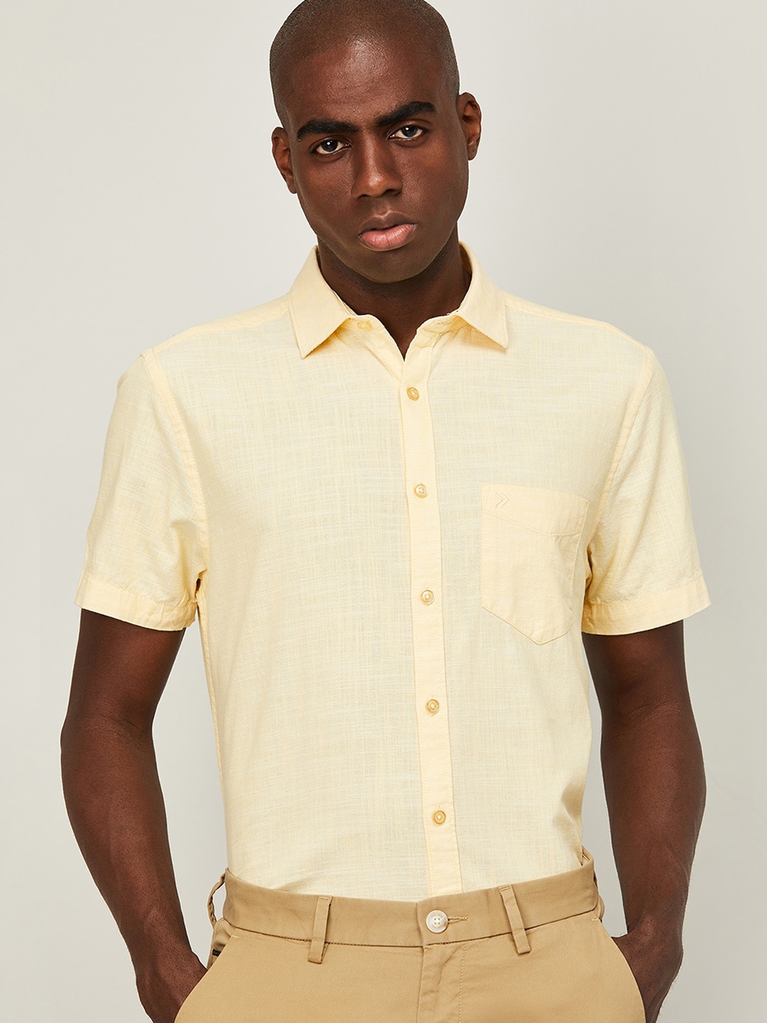 CODE by Lifestyle Men Yellow Solid Regular Fit Cotton Casual Shirt