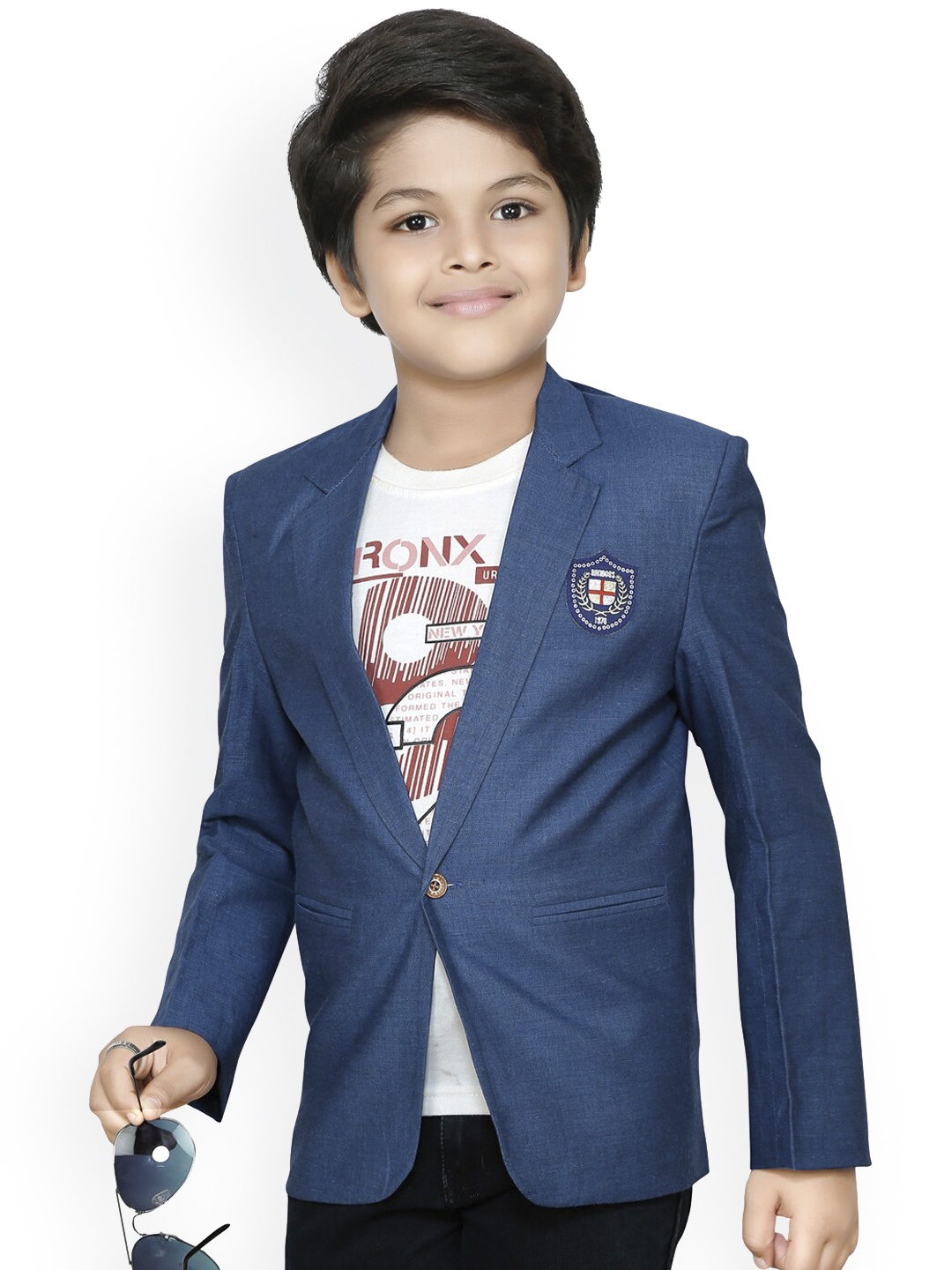 

RIKIDOOS Boys Navy Blue Solid Comfort-Fit Cotton Single-Breasted Casual Blazer