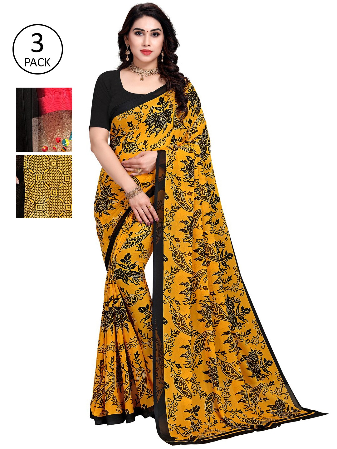 

KALINI Pack Of 3 Multicoloured Printed Sarees, Yellow