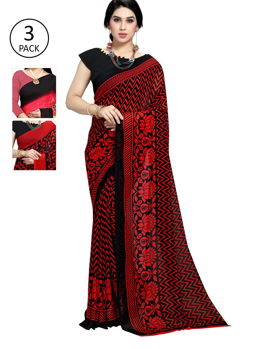 

KALINI Pack Of 3 Multicoloured Printed Sarees, Red